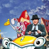 Roger Rabbit. A live action man and two cartoon characters are in a car together