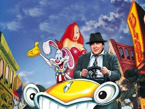 Roger Rabbit. A live action man and two cartoon characters are in a car together
